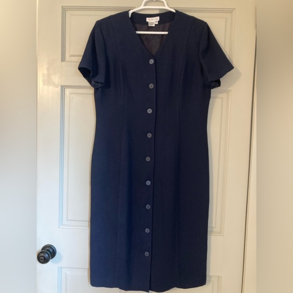 Vintage 90s Talbots Dress Women Size 14 Button Down Shoulder Pad Minimalist Blue